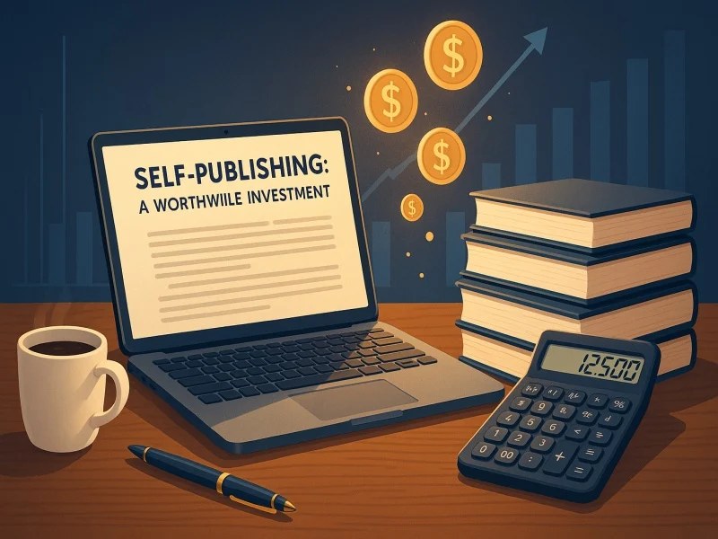 Laptop, stack of books, calculator and coins illustrating the cost and value of self-publishing